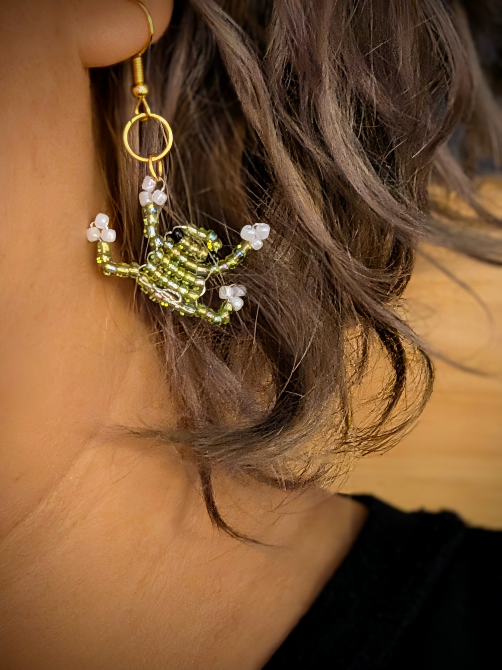 Handcrafted Green Beaded Frog Drop Earrings